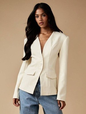 NWT MISSGUIDED Women's Blazer Fitted Ling Sleeve Ivory Sz S