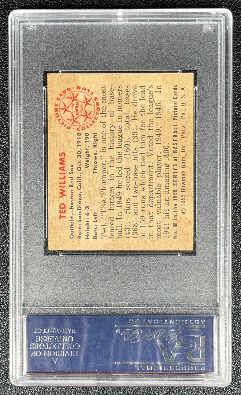 TED WILLIAMS PSA 6 1950 BOWMAN BASEBALL #98 RED SOX EX-MT CENTERED view 2