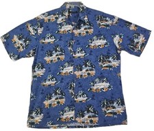 Pierre Cardin Mens Size L Blue Hawaiian Shirt Cotton Short Sleeve Vacation Print