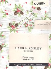 Laura Ashley Queen Sheet Set Pinecone Toss Evergreen 4pc Cotton Red Berries
