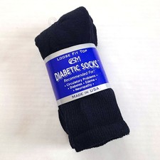 Top Quality 3 Pair Black Diabetic Crew Socks Loose Fit Top MADE IN USA 9-11