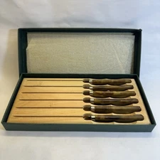 Royal Buckingham Cutlery Six 8.75" Serrated Steak Knives Vintage w/block & box