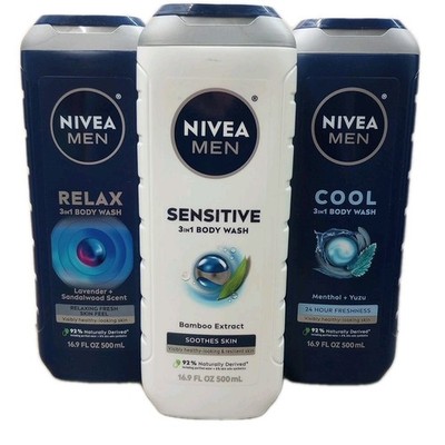 3 NIVEA MEN 3-In-1 Relax / Sensitive/ Cool Assortment 16.9 fl. oz. Body Washes