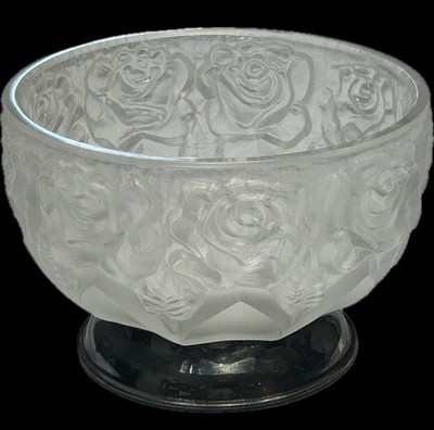 William Adams Lead Crystal Rose Satin Frosted Silverplate Base Trinket Bowl