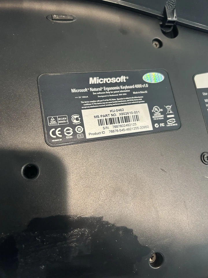 Microsoft Natural Egonomic 4000 v1.0 Keyboard Wired w/ Front Tilt Plate KU-0462 - Image 3 of 4