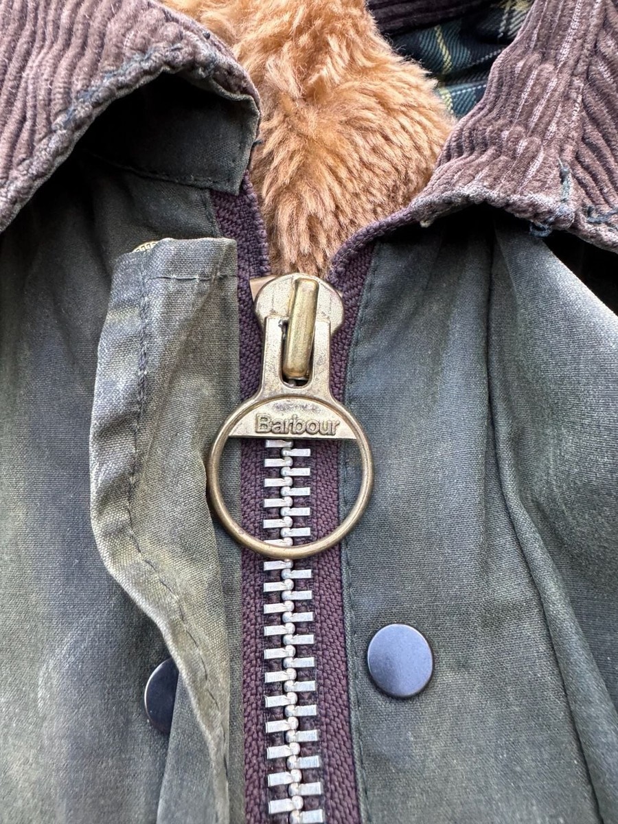 Vintage Barbour Border Waxed Cotton Jacket with A295 Faux Fur Zip