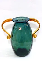 Vintage Blenko Emerald & Topaz Handled Optic Glass Vase #9421 Non-Catalog Piece