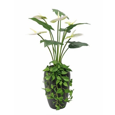 UNUS Kunstblume mit Vase Anthurium weiß mit Efeu hängend 77 cm