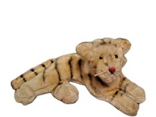 Steiff? Tiger Lying Laying Glass Eyes Stitched Pink Nose Vintage Stuffed Plush