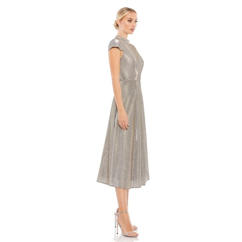 NWT! Size: 4 Ieena for Mac Duggal Metallic Cap Sleeve Tea-Length Silver Dress - Picture 2 of 14