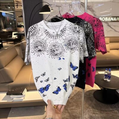 Men Fashion Luxury Trend Butterfly Drills Rhinestone Diamond Streetwear T-Shirt
