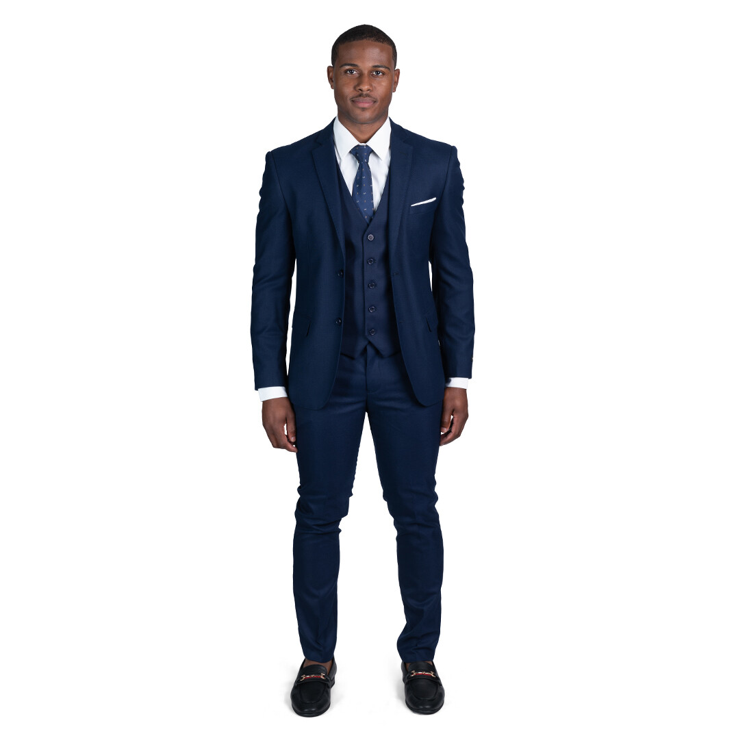 Slim Fit Navy Blue Micro Weave 3 Piece Vested Men Suit 2 Button