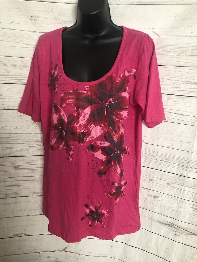 Women's Top T-Shirt Floral Short Sleeve Crimson 100% Cotton Size L
