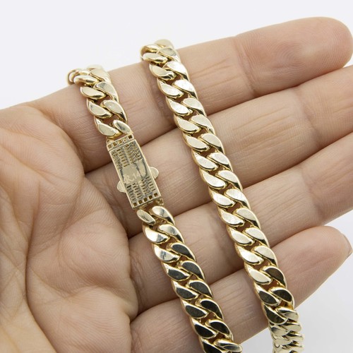 7.5mm Miami Cuban Link Chain Box Lock Necklace Real 14K Yellow Gold 16