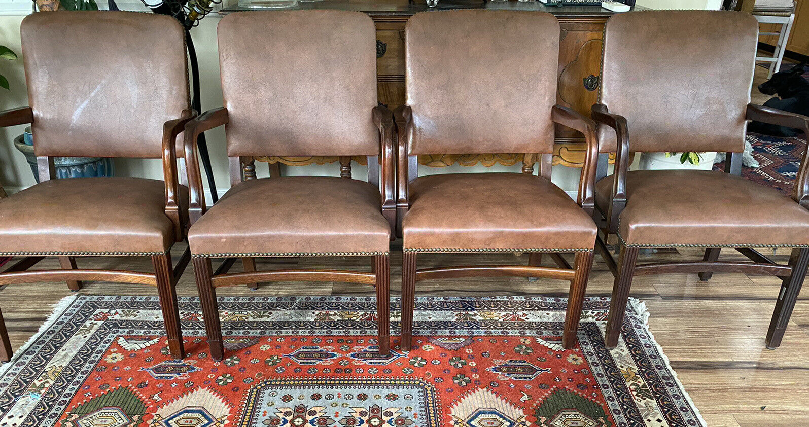 Vintage Gunlocke Chair Wood Leather Nailhead Upholstery Banker/Office/military