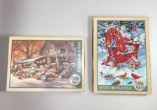 LOT OF 2: COBBLE HILL 1000 pc puzzles  AUTUMN MARKET & ADIRONDACK BIRDS Preowned