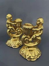Pair Vintage Porcelain Golden Angel Candle Holders Japan