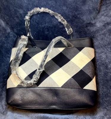 TALBOTS Navy & White Gingham Tote Bag With Leather Trim NWT 