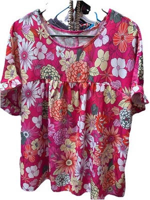 Boutique Fushia Floral Blouse w/ Ruffle Sleeves Sz. 1XL
