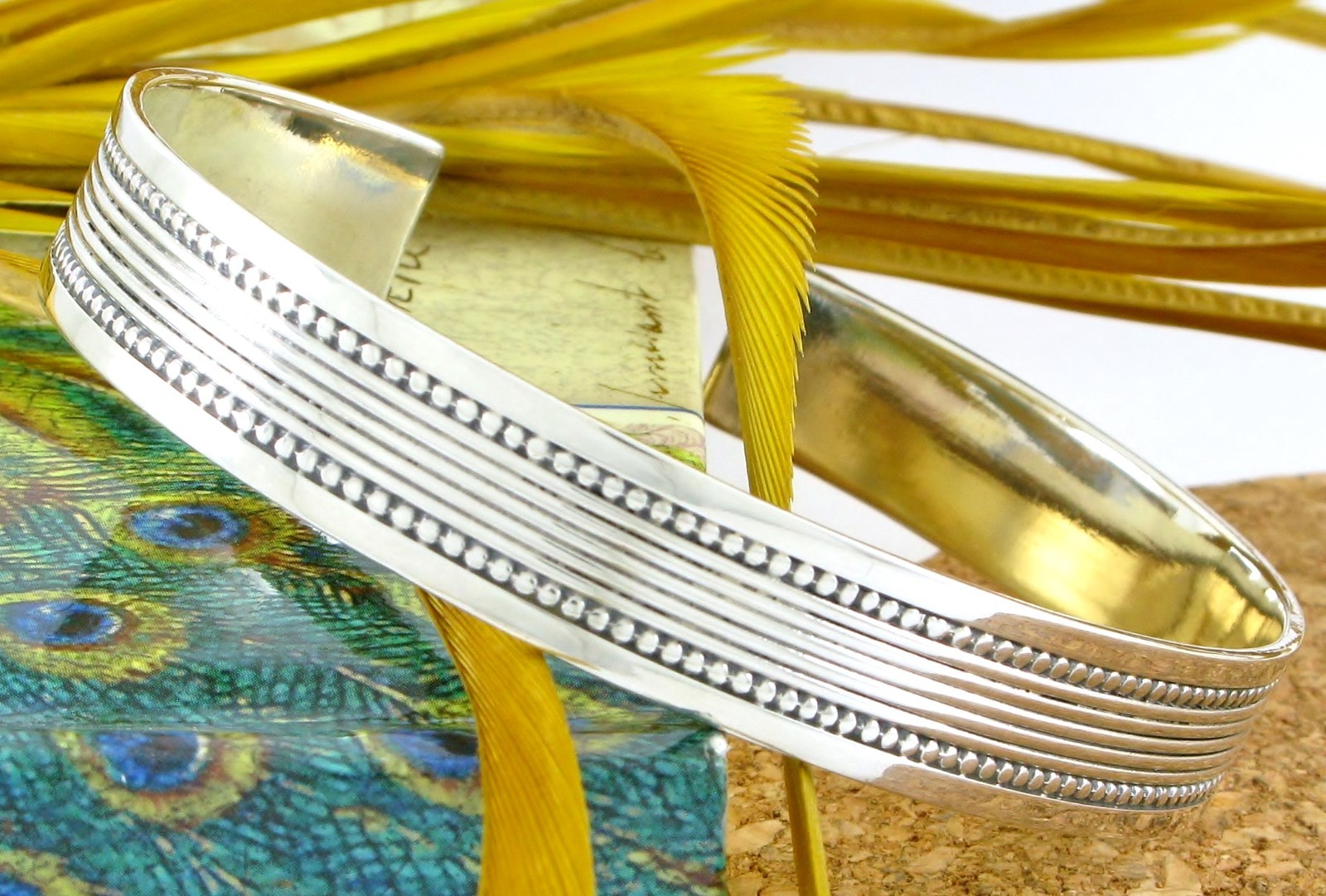 Solid Sterling Silver 925 Pinstripe Cuff Bracelet… - image 1