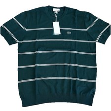 Lacoste Men's Crew Neck Cotton Sweater Preppy Athletic Green Striped NWT Casual