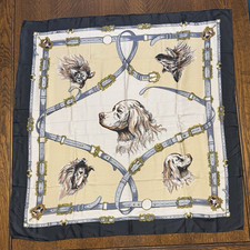 Vintage Triangle 100 Silk Scarf with Dog Theme Navy Blue, Gold, and Beige