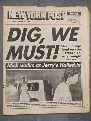 January 23rd 1987 New York Post Newspaper Mick Jagger & Jerry Hall Cover
