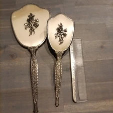 Antique 1940s Silver Plated Vanity Mirror (14") Brush(11") &Comb Set heavy Rose