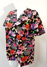 TAFFORD Flamingo Black Floral Print Scrub Top V-Neck Pockets Women's Med NEW