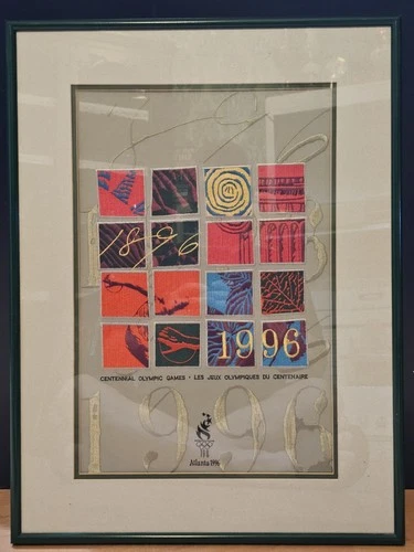 RARE VINTAGE EMBROIRED ON CLOTH 1996 OLYMPICS ATLANTA FRAMED ART 24 x 18" - product listing photo