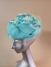 Vintage Turquoise Fascinator Whimsy Hat with Veil Flowers