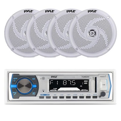 Pyle Single DIN Bluetooth Marine Stereo Receiver, 4x 5.25'' 100W Speakers (White)