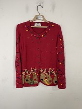 Tiara International Womens Cardigan Ugly Sweater Small Red Christmas Reindeer
