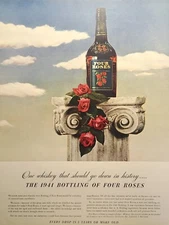 Four Roses Whiskey Bottle On Plinth Classical Marble Vintage Print Ad 1941
