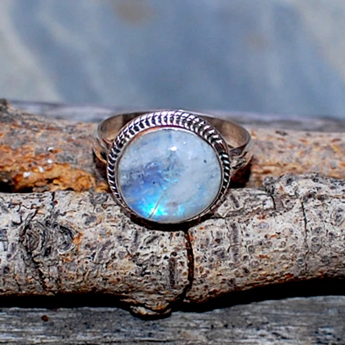 Rare Natural Rainbow Moonstone Vintage 925 Solid Sterling Silver Ring Size-8.50