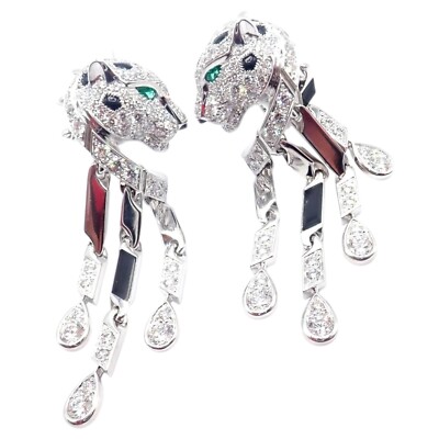 Authentic! Cartier Panthere Panther 18k White Gold Diamond Black Onyx Earrings
