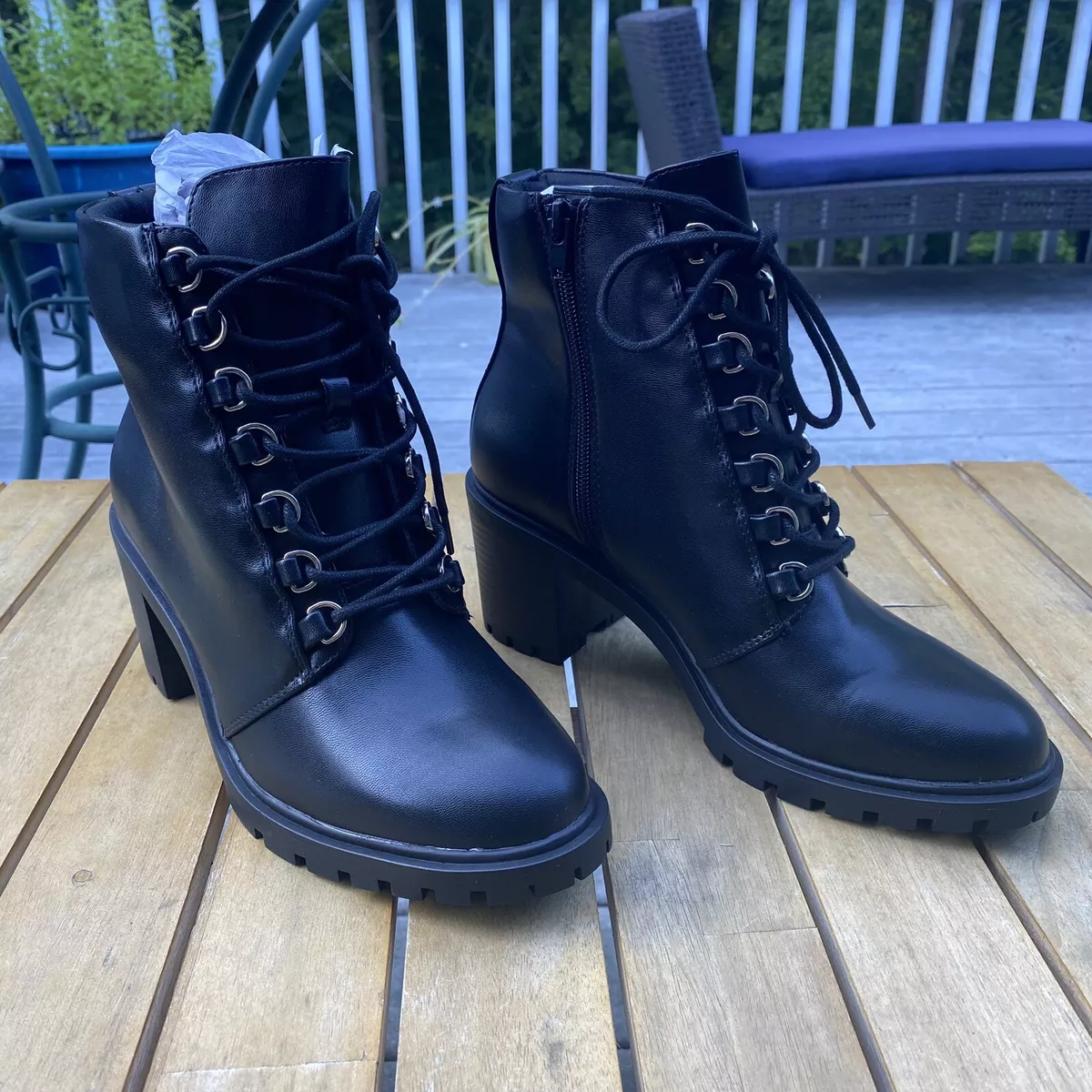 Alfani Women's Buffey Faux Leather Combat and Lace-up Boots in black size 9M