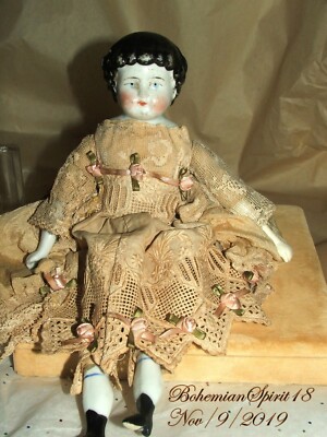 ANTIQUE 1800's Germany CHINA HEAD HANDS LEGS SILK & LACE DRESS 11