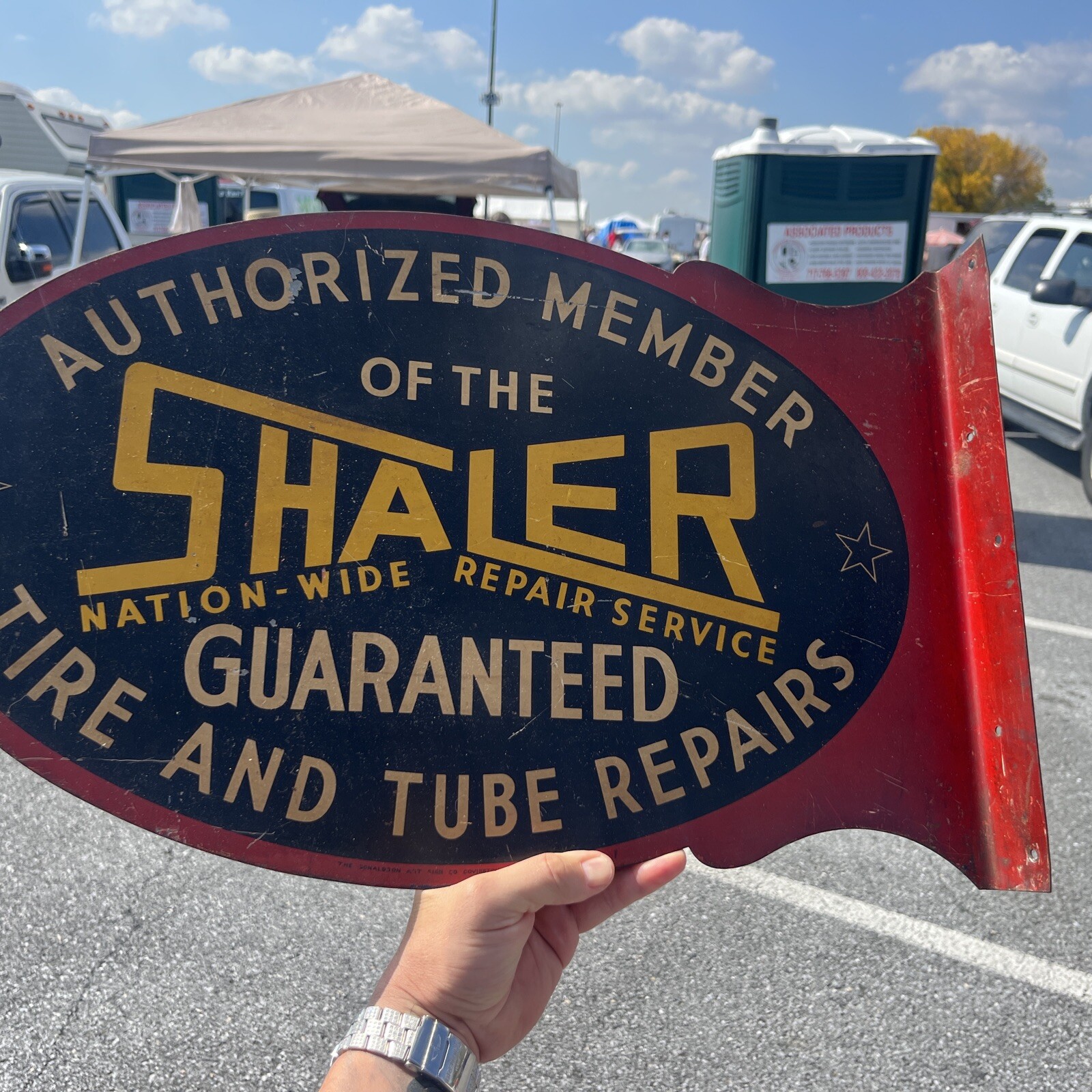 Rare 1920’s Shaler Tire and Tube Repairs Flange Metal Sign Donaldson