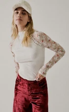 Free People FP x Anna Sui Le Fleur Knit Embroidered Lace Sleeve Thermal Top L