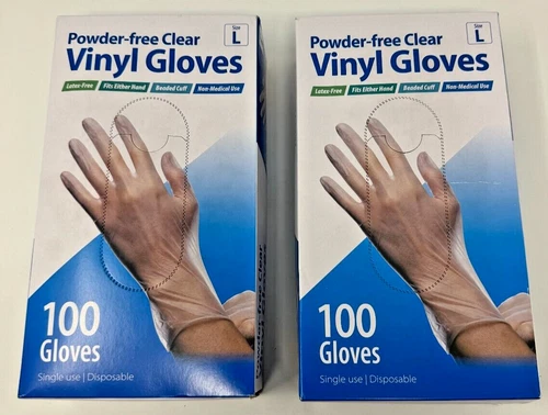 2 Clear Vinyl Gloves Powder/Latex-Free Box of 100 Large Ambidextrous Food Grade