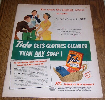1951 PRINT AD TIDE LAUNDRY SOAP OFFICE WATER COOLER PRETTY YELLOW DRESS