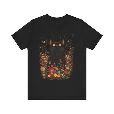 Black Cat in Flower Tee Garden Art Shirt Nature & Spring Floral Design T-Shirt