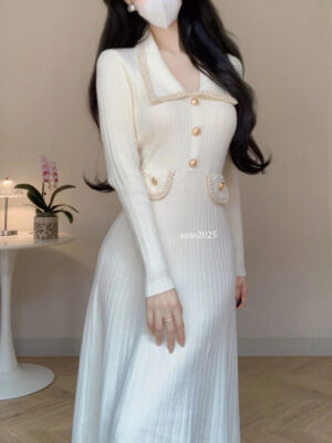 Knitted Dress Slim A-line Casual Knitted Dresses Ladies Elegant Long Sleeve