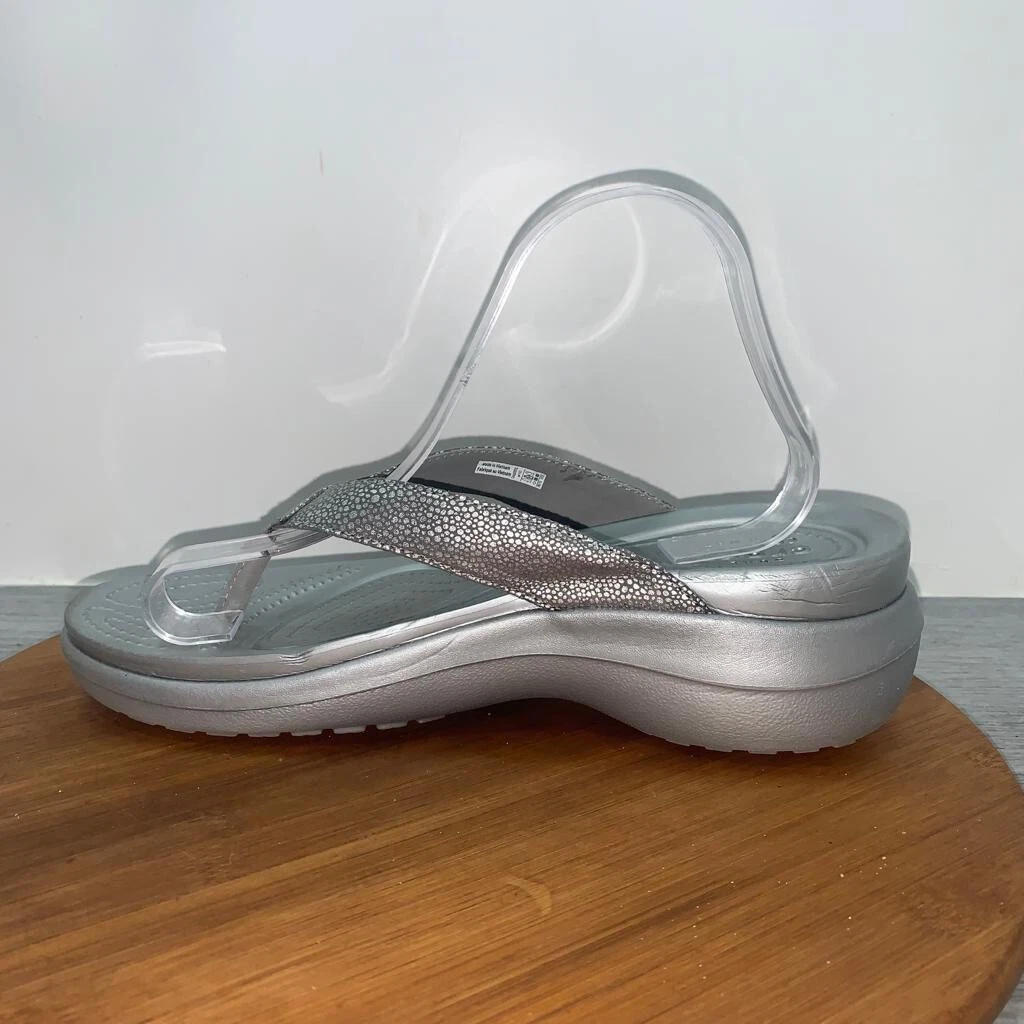 Crocs Dual Comfort Women s 10 Diamante Wedge Thong Sandals Pebbled Gray 205782