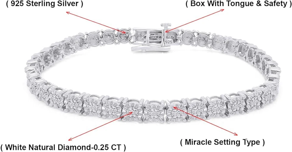 Brazalete de tenis de diamantes naturales de corte redondo de 1/4 quilate de longitud - plata de ley de 7,25" Foto 2 de 4