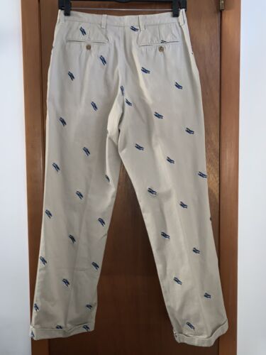 Men’s 32x32 ORVIS Khaki Flat Front Allover Embroidered Seaplanes Cuffed Pants EC - Picture 8 of 12