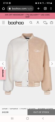 BOOHOO SPLICED TEDDY FAUX FUR VARSITY BOMBER JACKET