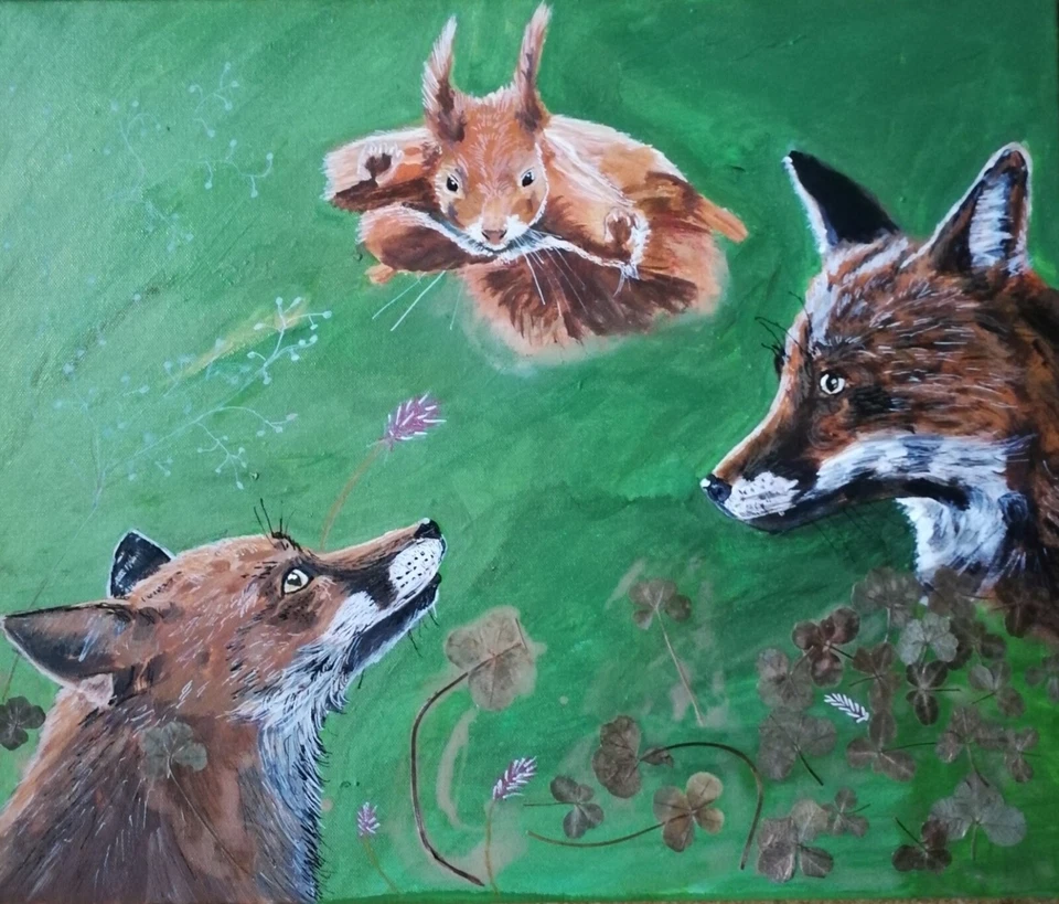 Original/Unikat Acryl auf Leinwand signiert. 50x60cm Fuchs und Co Glücksklee - Bild 2 von 4