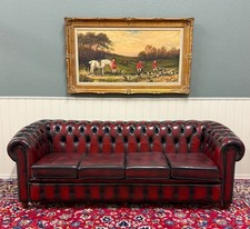 Vintage English Chesterfield Leather Tufted Sofa Oxblood Red Mid Century
